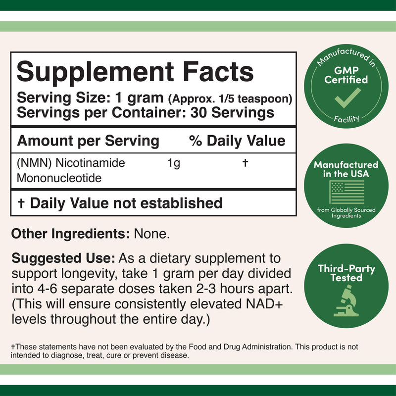 NMN Powder - 30 grams (1,06 oz) - Soy-Free, Gluten-Free, Non-GMO, Vegan