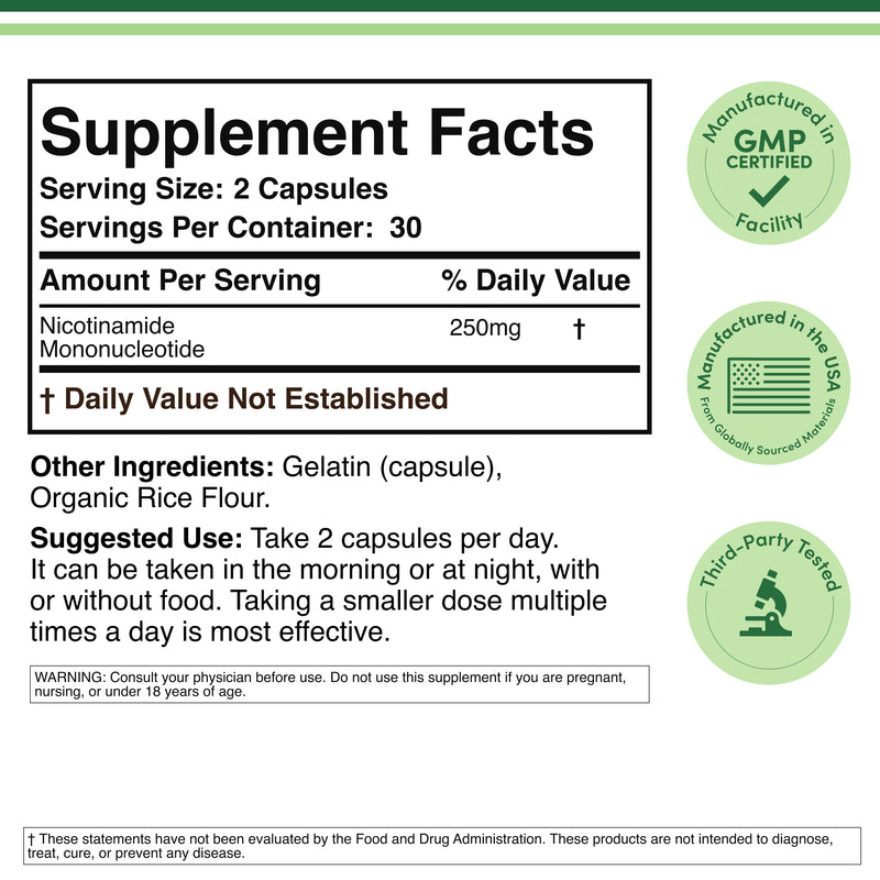 NMN Supplement - 250 mg, 60 capsules - Soy-Free, Gluten-Free, Non-GMO!